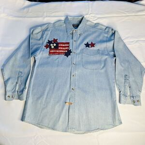 Patriotic Outrageous Sport Men Denim Button Down Shirt Blue Embroidered Cotton L